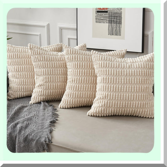 Boho Chic Striped Corduroy Pillow Covers - Set of 4 Decorative Cushion Cases for Couch Sofa Bed, 18 x 18, Soft Cream White Living Room Decor