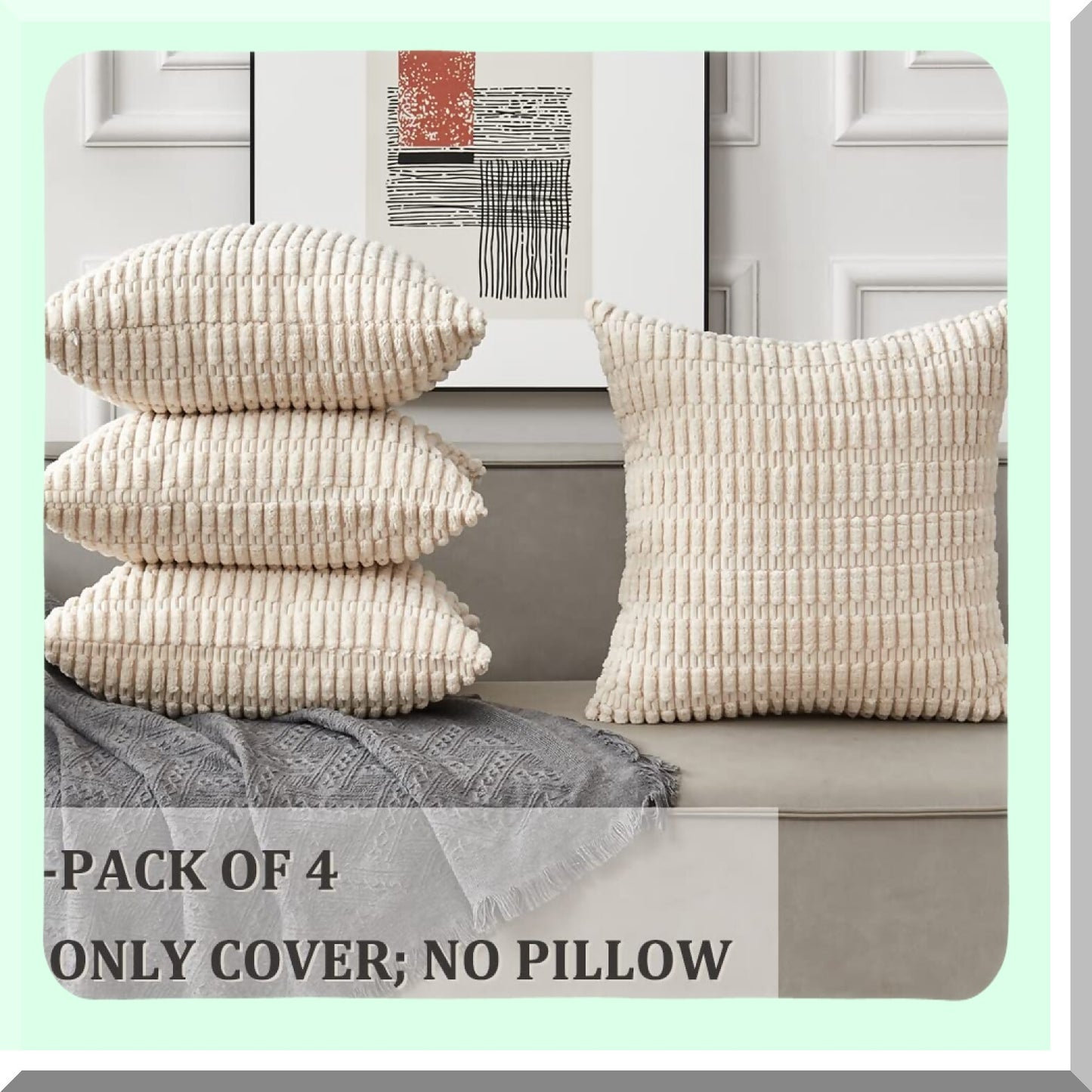 Boho Chic Striped Corduroy Pillow Covers - Set of 4 Decorative Cushion Cases for Couch Sofa Bed, 18 x 18, Soft Cream White Living Room Decor