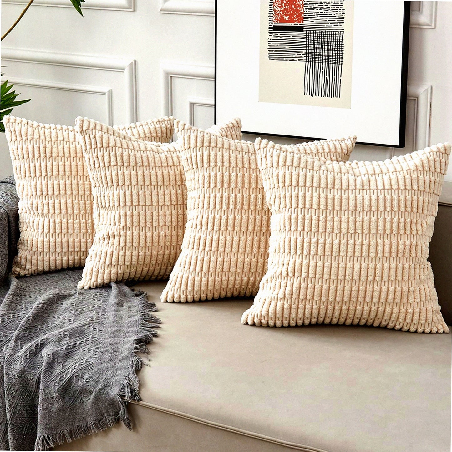 Boho Chic Striped Corduroy Pillow Covers - Set of 4 Decorative Cushion Cases for Couch Sofa Bed, 18 x 18, Soft Cream White Living Room Decor