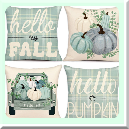 Autumn Harvest Aqua Pumpkin Pillow Covers - Set of 4 Decorative Fall Decorations for Home - Thanksgiving 18x18 Throw Pillow Cases