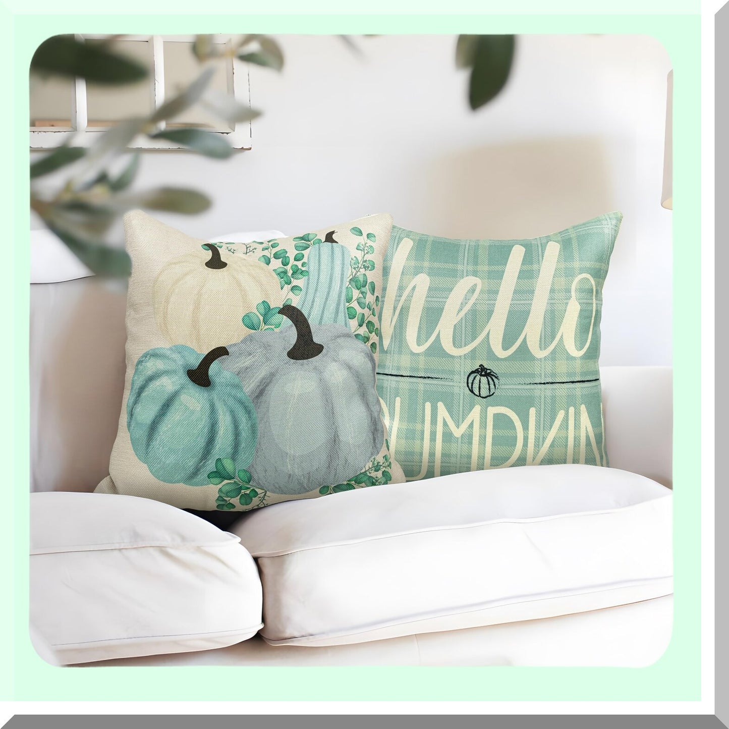 Autumn Harvest Aqua Pumpkin Pillow Covers - Set of 4 Decorative Fall Decorations for Home - Thanksgiving 18x18 Throw Pillow Cases