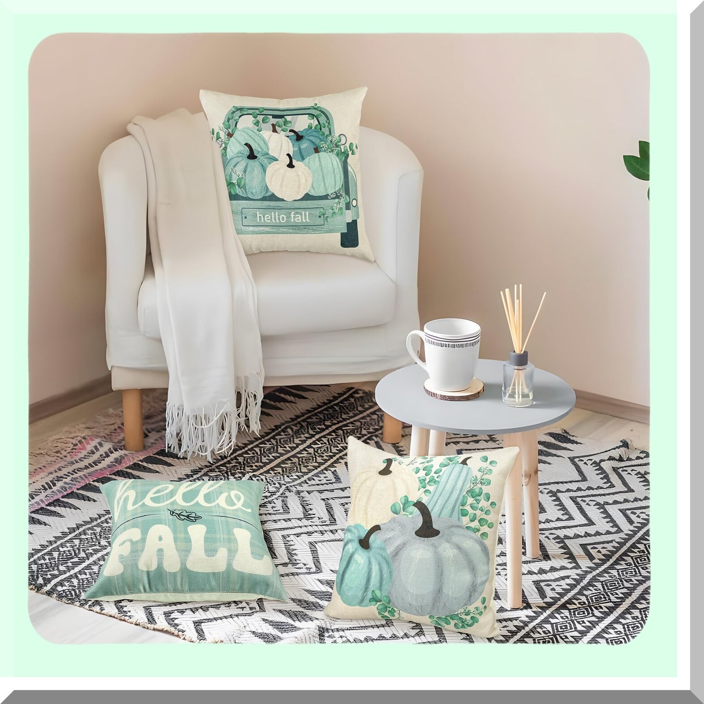 Autumn Harvest Aqua Pumpkin Pillow Covers - Set of 4 Decorative Fall Decorations for Home - Thanksgiving 18x18 Throw Pillow Cases