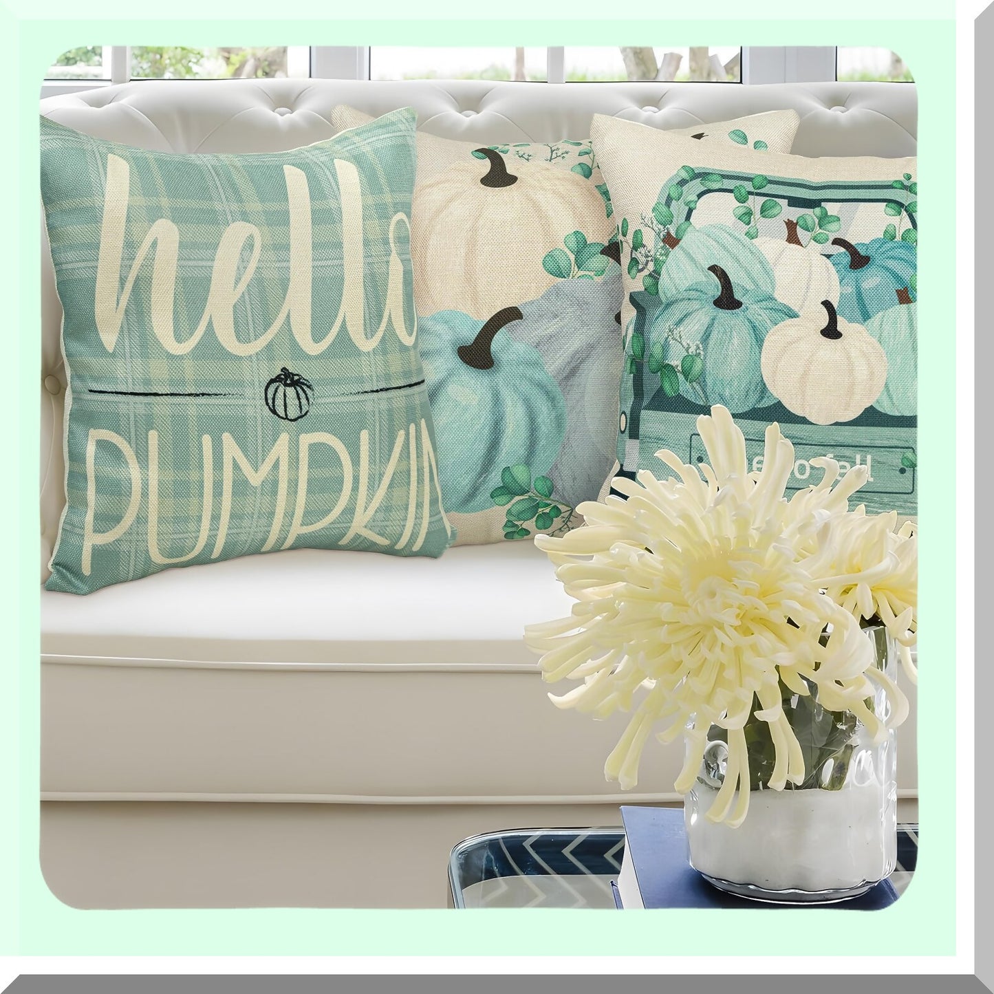 Autumn Harvest Aqua Pumpkin Pillow Covers - Set of 4 Decorative Fall Decorations for Home - Thanksgiving 18x18 Throw Pillow Cases