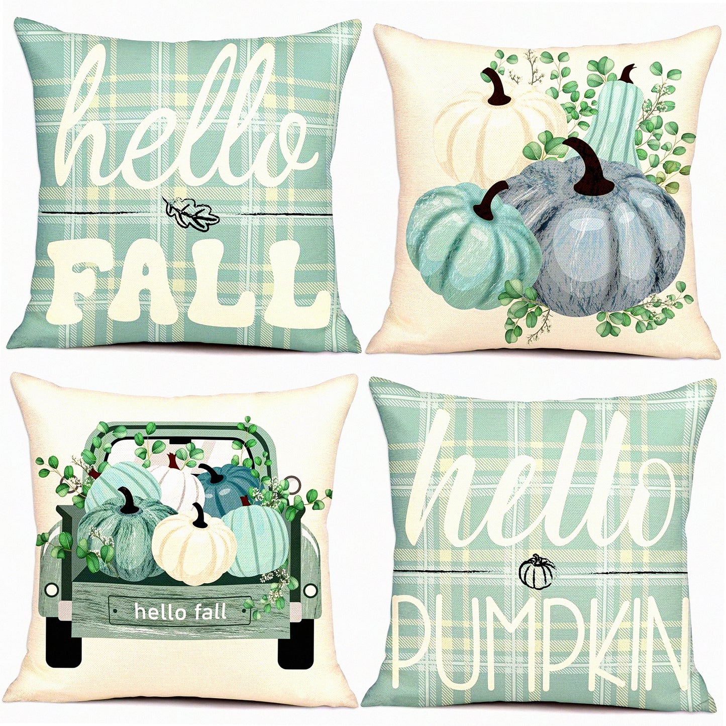 Autumn Harvest Aqua Pumpkin Pillow Covers - Set of 4 Decorative Fall Decorations for Home - Thanksgiving 18x18 Throw Pillow Cases