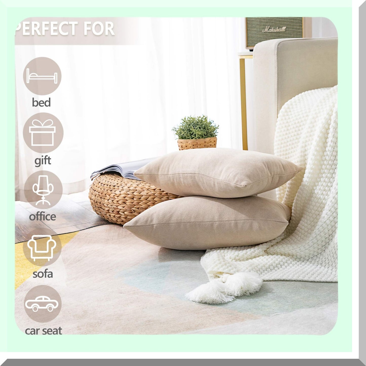 Chenille Cozy Pillowcase Set - 2 Pack Rectangle Throw Pillow Covers for Bed Couch Sofa Bench - Solid Beige - 12 x 20 inch - Soft & Stylish Home Decor