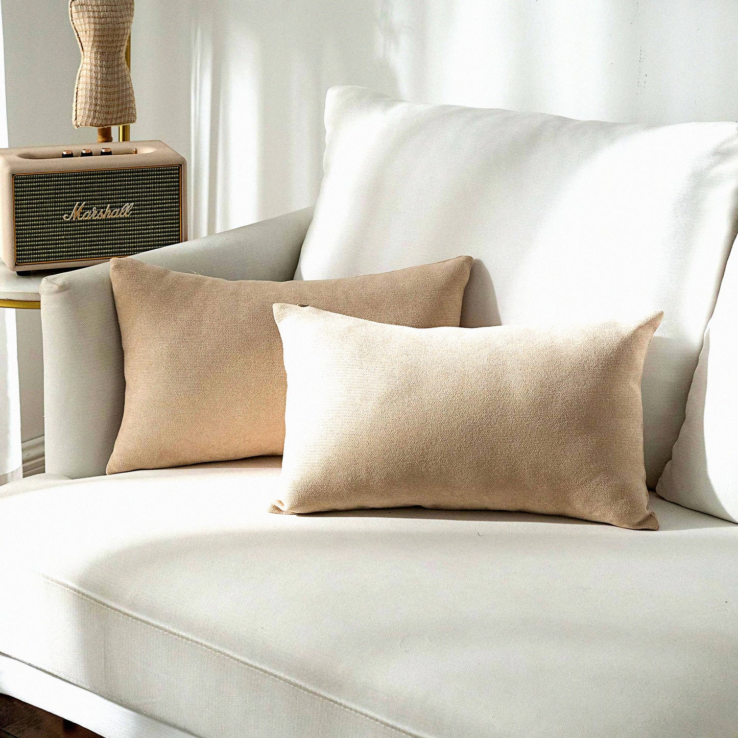 Chenille Cozy Pillowcase Set - 2 Pack Rectangle Throw Pillow Covers for Bed Couch Sofa Bench - Solid Beige - 12 x 20 inch - Soft & Stylish Home Decor