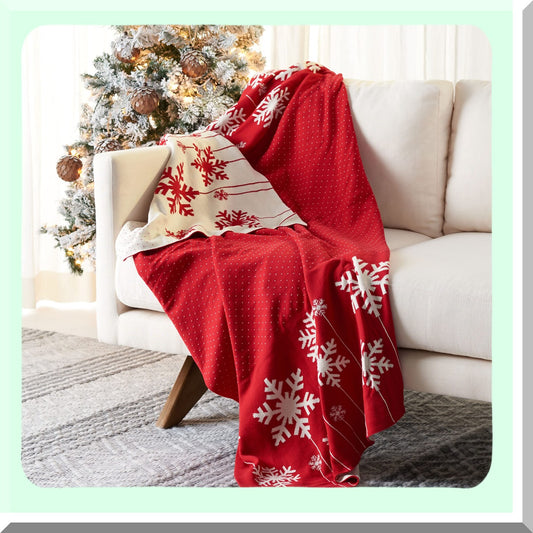 Frosty Snowflake Reversible Cotton Throw Blanket - 50x60 Inch Red/White Decorative Sofa & Bedroom Accent