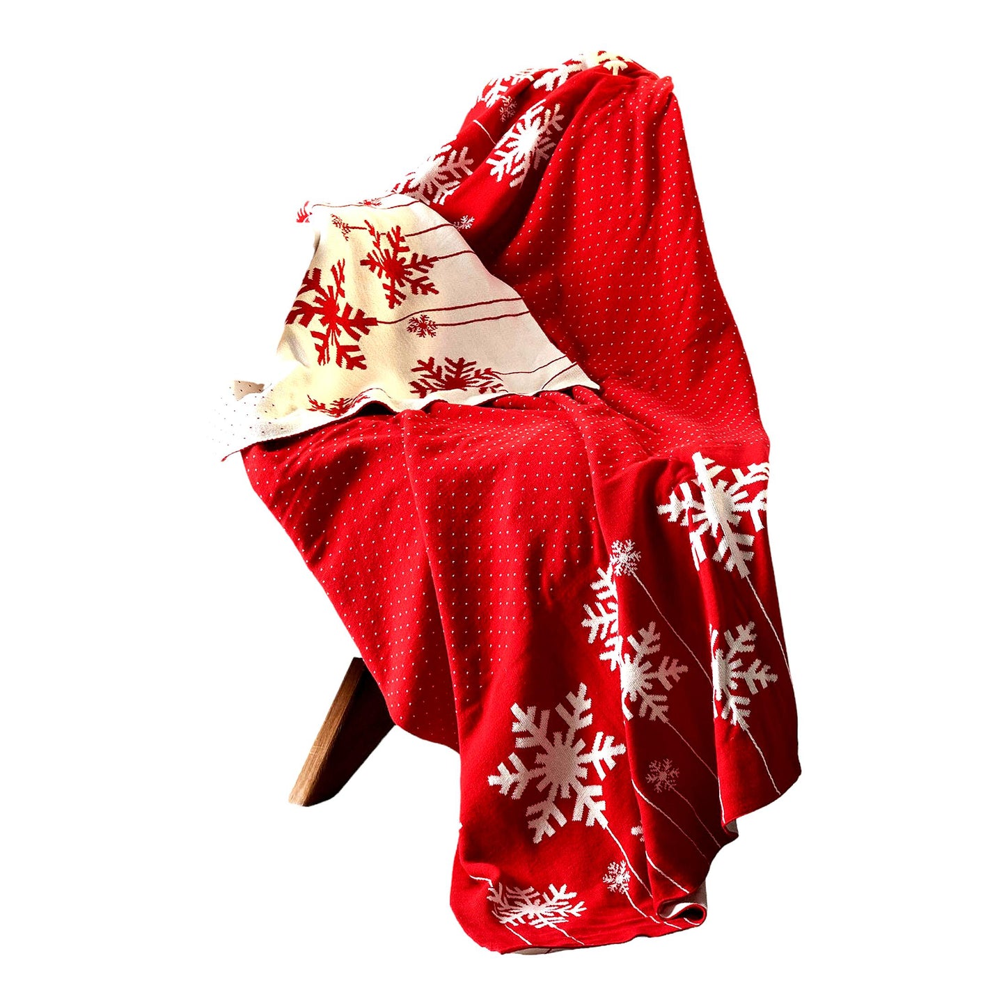 Frosty Snowflake Reversible Cotton Throw Blanket - 50x60 Inch Red/White Decorative Sofa & Bedroom Accent