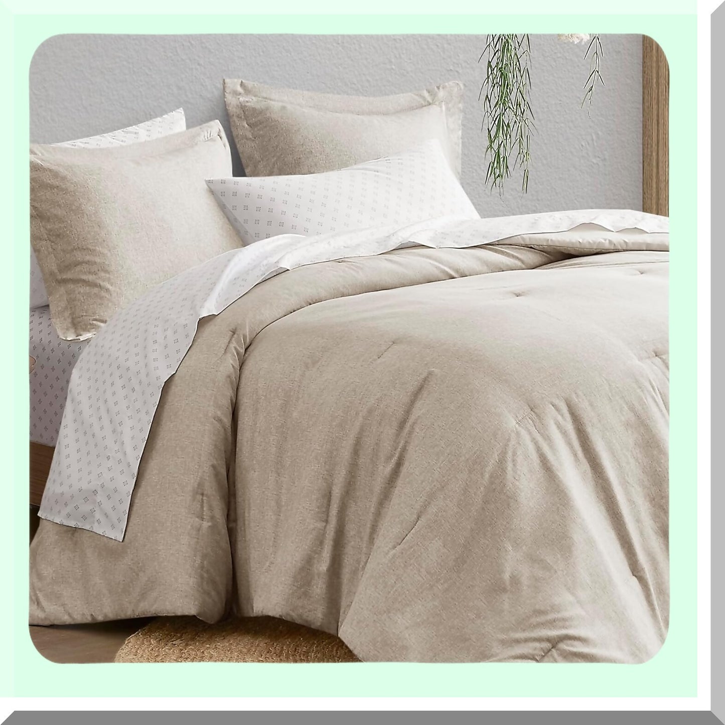 Boho Farmhouse Queen Comforter Set - 7 Piece Bedding Gift Bag with Sheets, Pillowcases, Shams - Taupe Queen Size Bed Set