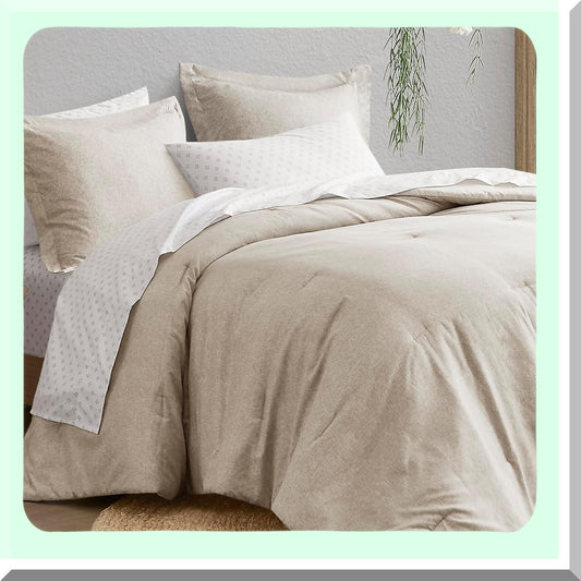 Boho Farmhouse Queen Comforter Set - 7 Piece Bedding Gift Bag with Sheets, Pillowcases, Shams - Taupe Queen Size Bed Set