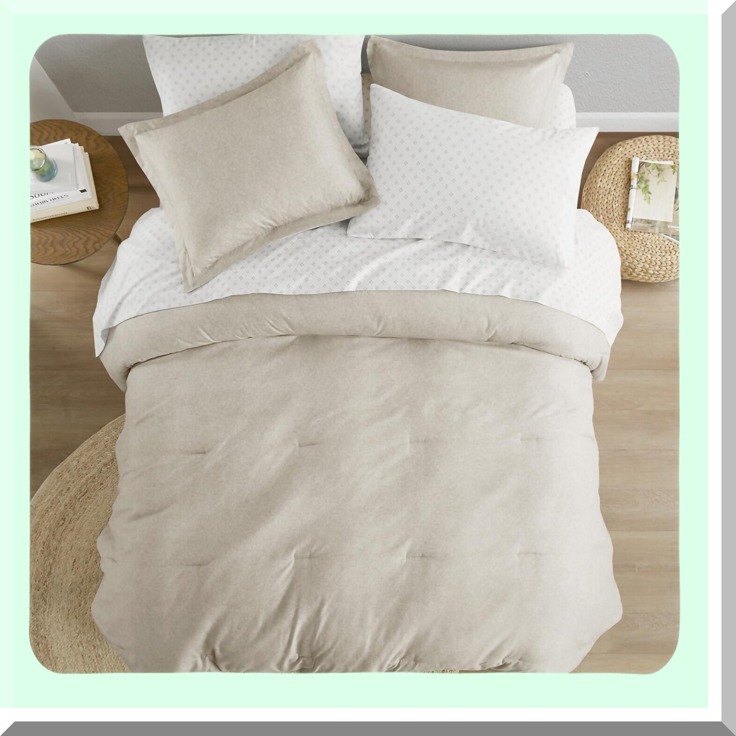 Boho Farmhouse Queen Comforter Set - 7 Piece Bedding Gift Bag with Sheets, Pillowcases, Shams - Taupe Queen Size Bed Set