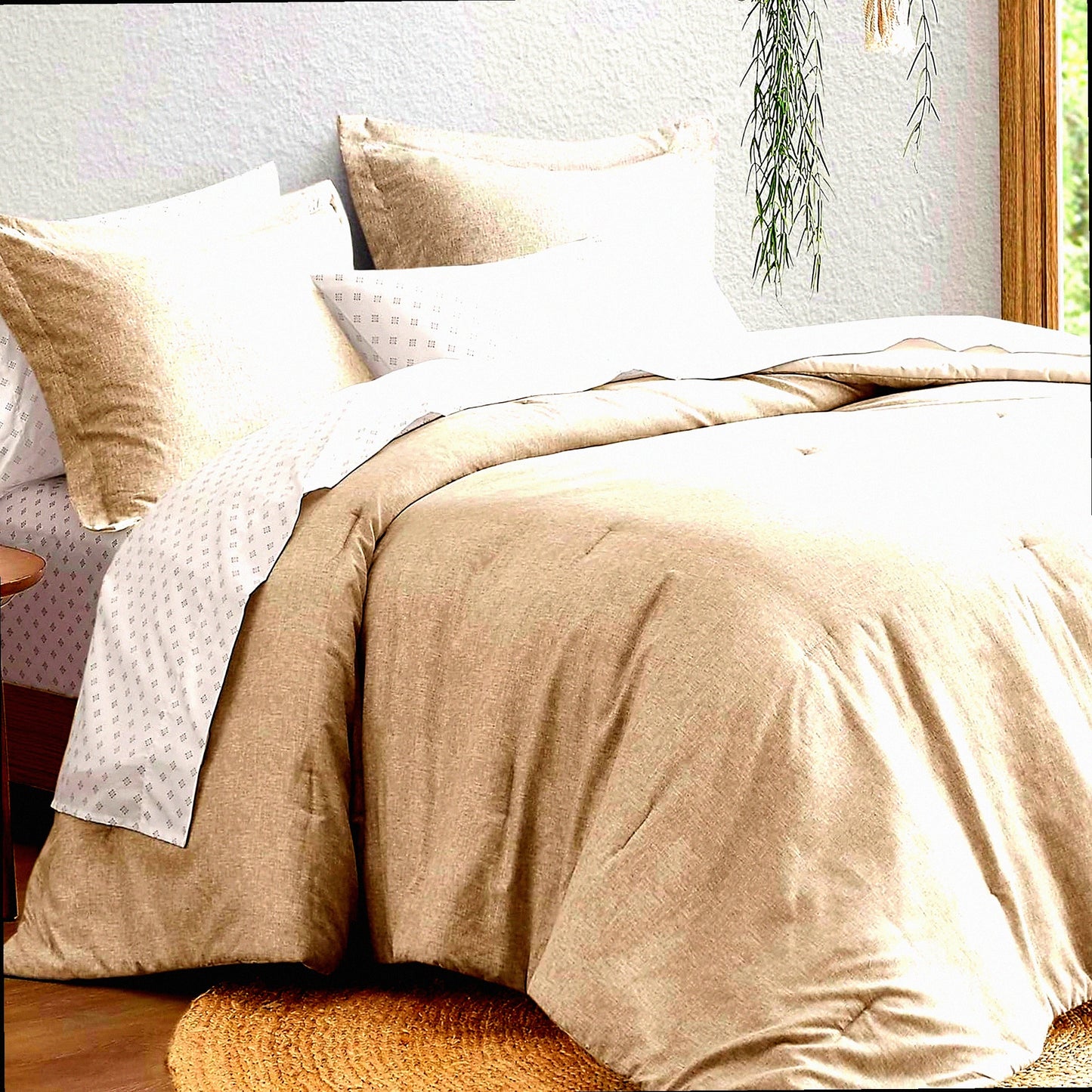 Boho Farmhouse Queen Comforter Set - 7 Piece Bedding Gift Bag with Sheets, Pillowcases, Shams - Taupe Queen Size Bed Set