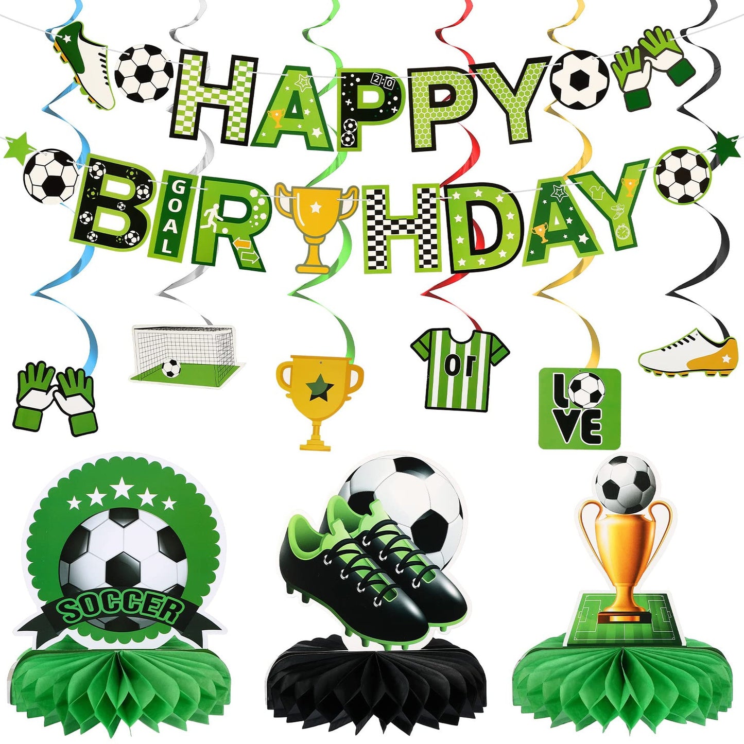 Soccer Blast Party Pack - 16 Piece Soccer Birthday Decor Set with Banner, Cutouts, Centerpiece, and Hanging Swirls for Boys Sports Football Theme