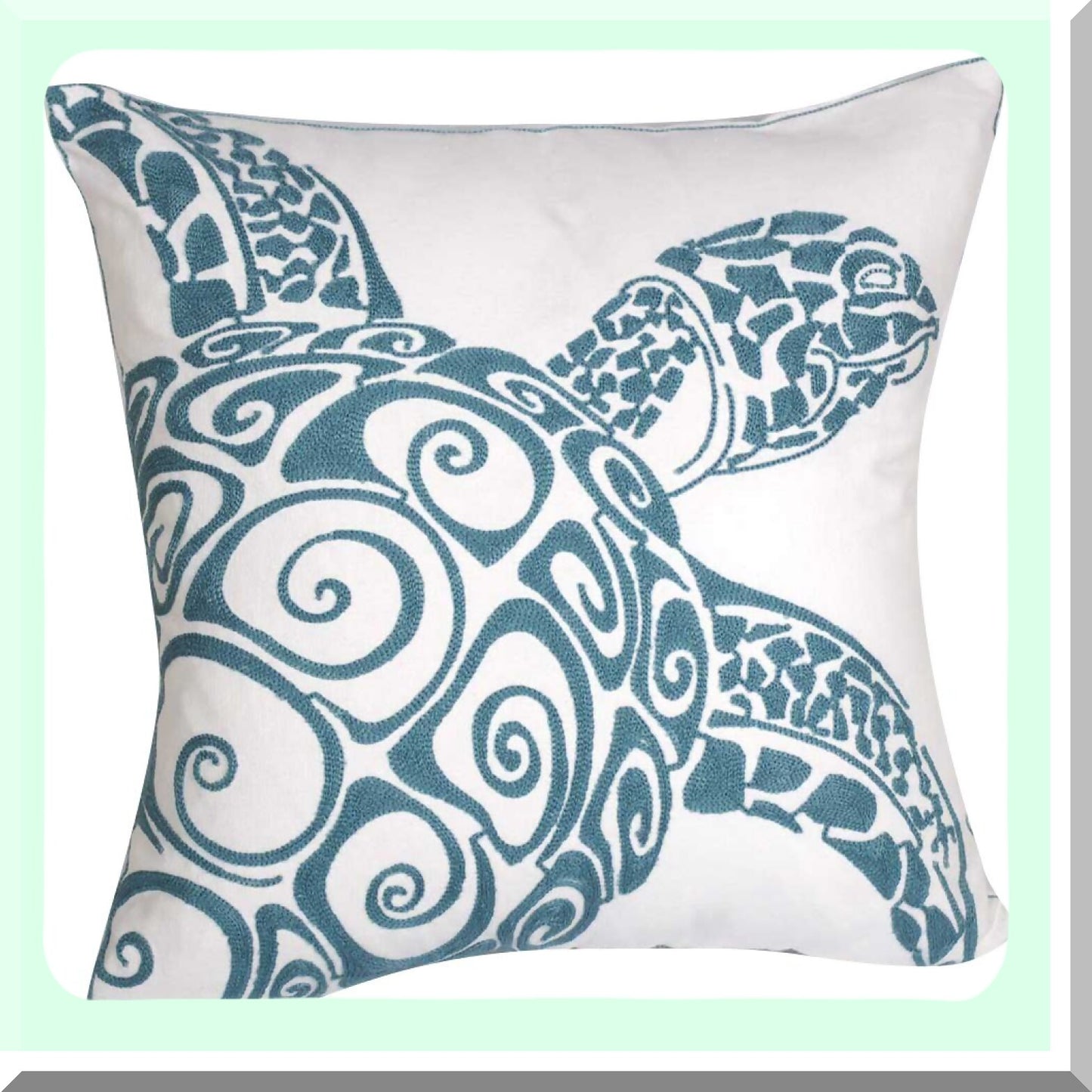 Nautical Animal Embroidered Pillow Cover - Sea Turtle Decorative Canvas Square 18" - Cute Nautical Style Deco - Seagreen Turtle Pillow Cover