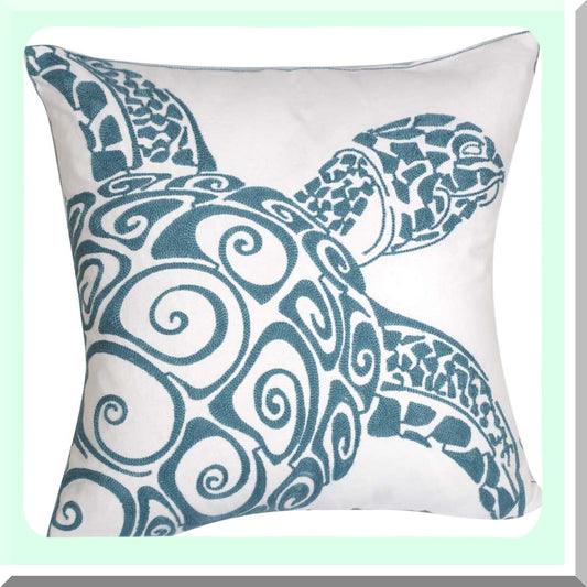 Nautical Animal Embroidered Pillow Cover - Sea Turtle Decorative Canvas Square 18" - Cute Nautical Style Deco - Seagreen Turtle Pillow Cover