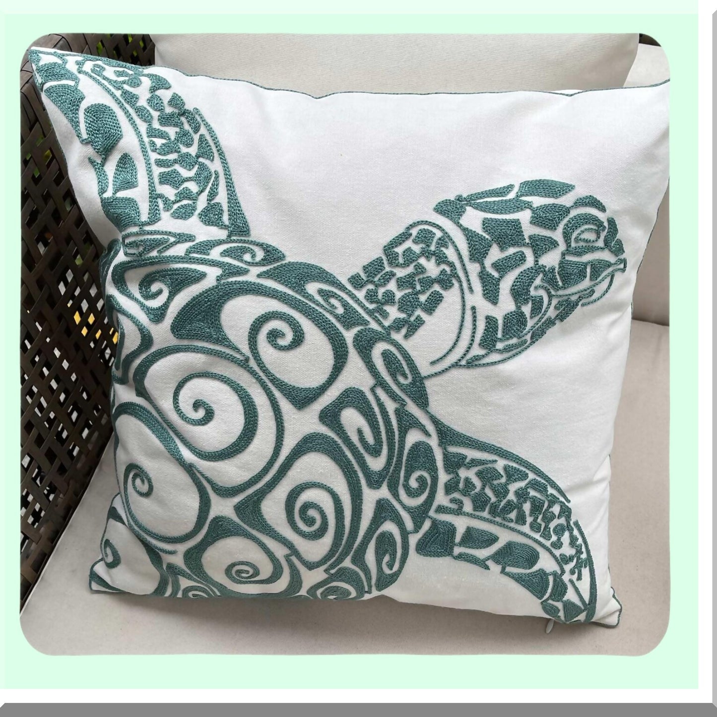 Nautical Animal Embroidered Pillow Cover - Sea Turtle Decorative Canvas Square 18" - Cute Nautical Style Deco - Seagreen Turtle Pillow Cover