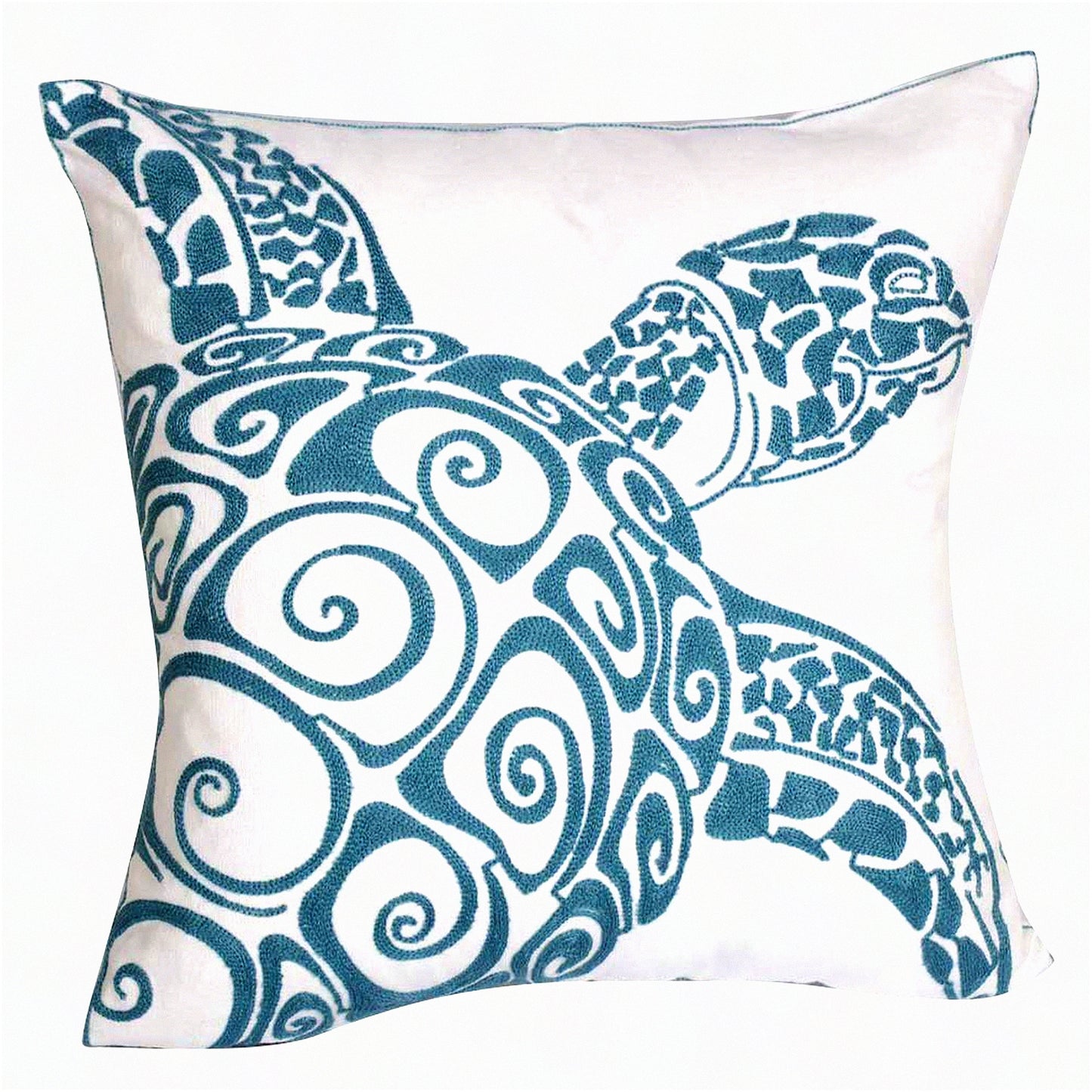 Nautical Animal Embroidered Pillow Cover - Sea Turtle Decorative Canvas Square 18" - Cute Nautical Style Deco - Seagreen Turtle Pillow Cover