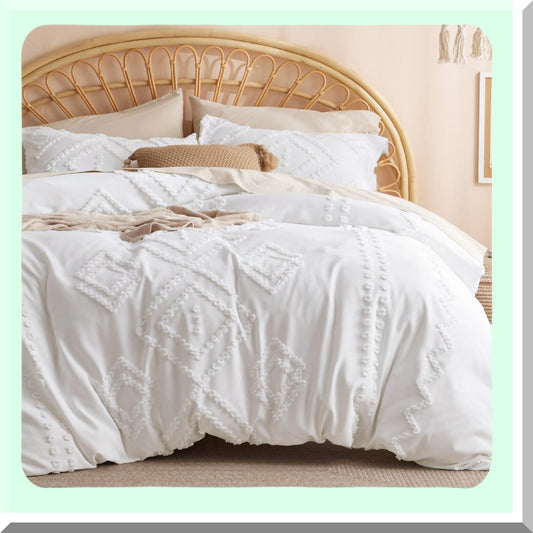 White Tufted Boho Chic Comforter Set - 3 Piece Soft Geometric Embroidered Bedding for All Seasons - Farmhouse Shabby Chic Design