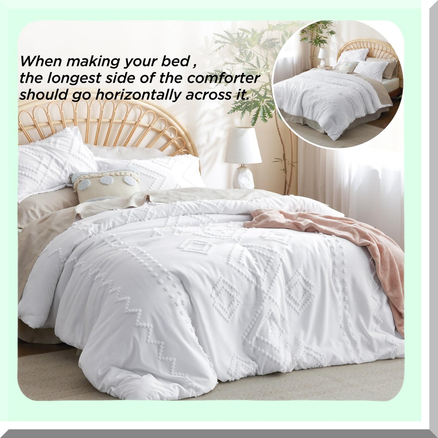 White Tufted Boho Chic Comforter Set - 3 Piece Soft Geometric Embroidered Bedding for All Seasons - Farmhouse Shabby Chic Design