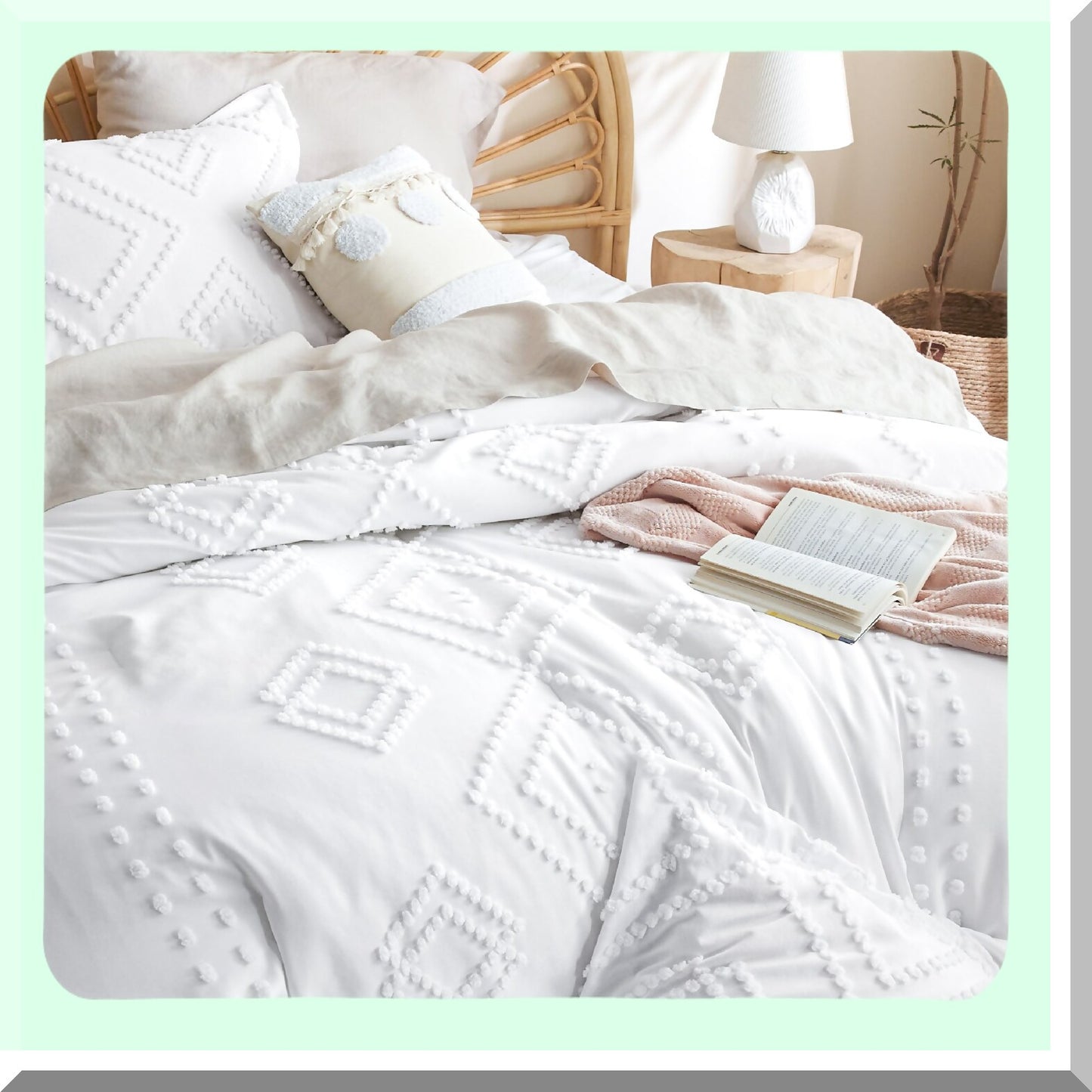 White Tufted Boho Chic Comforter Set - 3 Piece Soft Geometric Embroidered Bedding for All Seasons - Farmhouse Shabby Chic Design