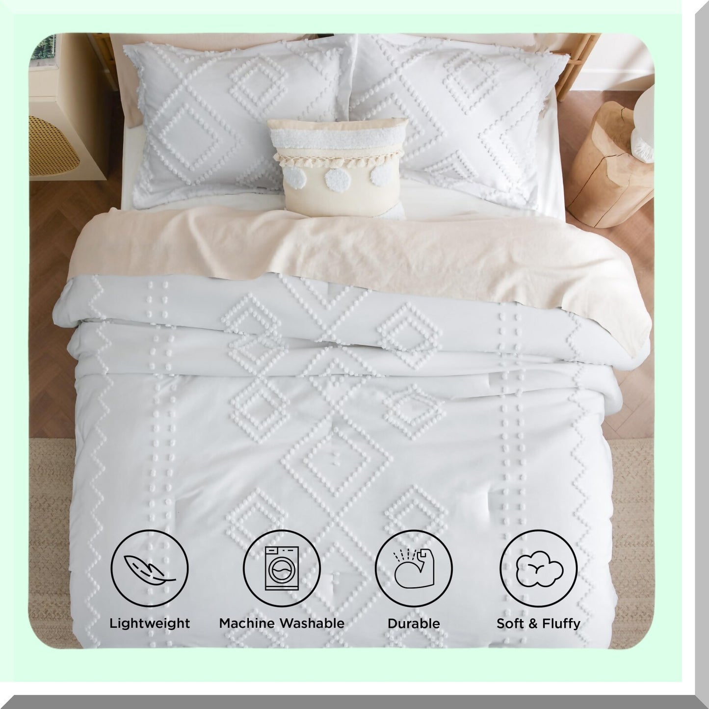 White Tufted Boho Chic Comforter Set - 3 Piece Soft Geometric Embroidered Bedding for All Seasons - Farmhouse Shabby Chic Design