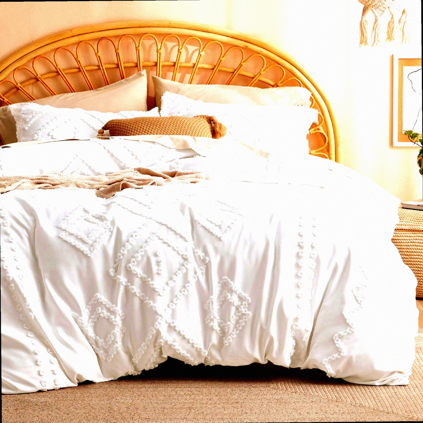 White Tufted Boho Chic Comforter Set - 3 Piece Soft Geometric Embroidered Bedding for All Seasons - Farmhouse Shabby Chic Design