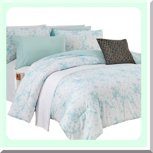 Aqua Mint Tie-Dye Dream Set - Reversible 10-Piece Comforter with Smart Pockets, Decorative Pillow, Fitted Sheet - Soft Plush Lightweight Material - Queen Size - 10pc Bedding Set