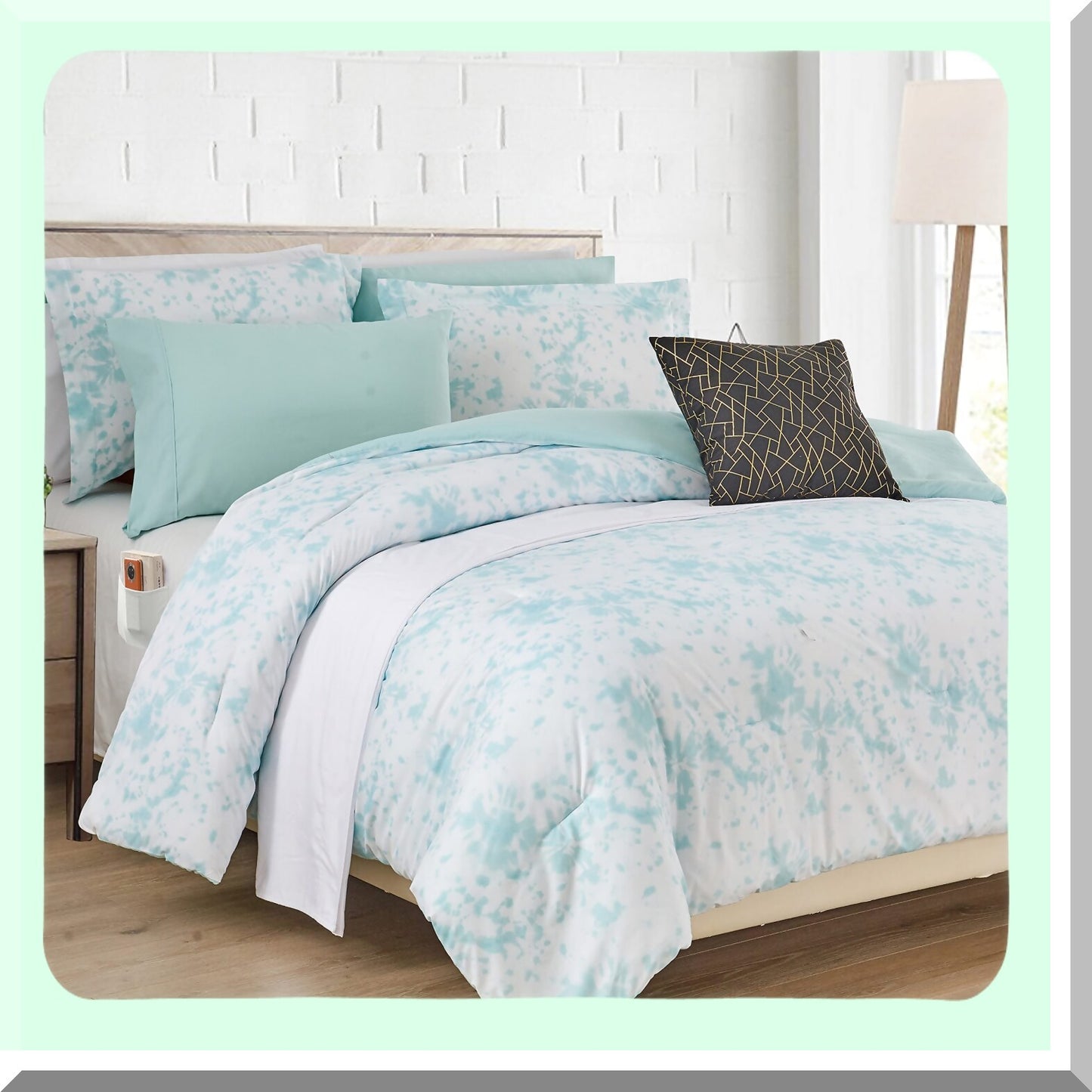 Aqua Mint Tie-Dye Dream Set - Reversible 10-Piece Comforter with Smart Pockets, Decorative Pillow, Fitted Sheet - Soft Plush Lightweight Material - Queen Size - 10pc Bedding Set