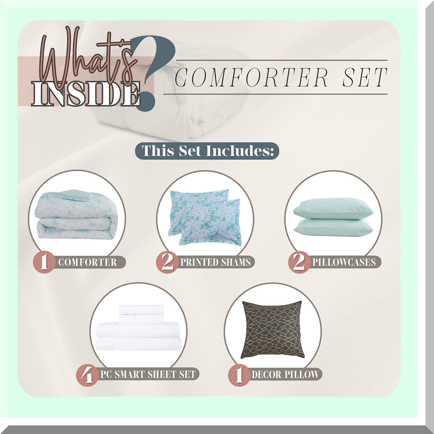 Aqua Mint Tie-Dye Dream Set - Reversible 10-Piece Comforter with Smart Pockets, Decorative Pillow, Fitted Sheet - Soft Plush Lightweight Material - Queen Size - 10pc Bedding Set