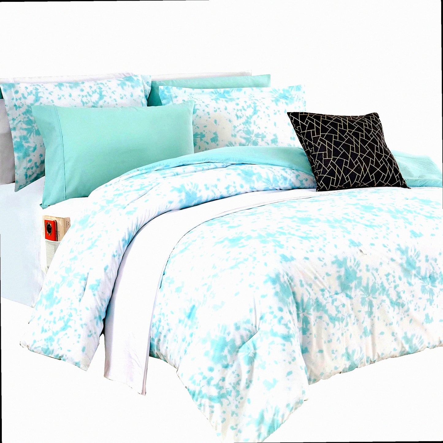Aqua Mint Tie-Dye Dream Set - Reversible 10-Piece Comforter with Smart Pockets, Decorative Pillow, Fitted Sheet - Soft Plush Lightweight Material - Queen Size - 10pc Bedding Set