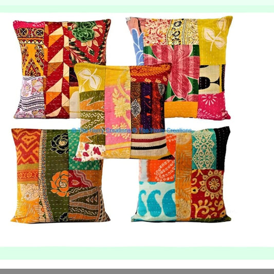 Vintage Boho Kantha Patchwork Decorative Pillow Set