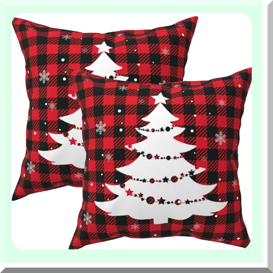 Snowflake Buffalo Plaid Pillow Covers - Set of 2 Winter Tree Cushion Cases for Xmas Farmhouse Decor - Red & Black 18x18 Inch Throw Pillows for Outdoor Sofa & Couch