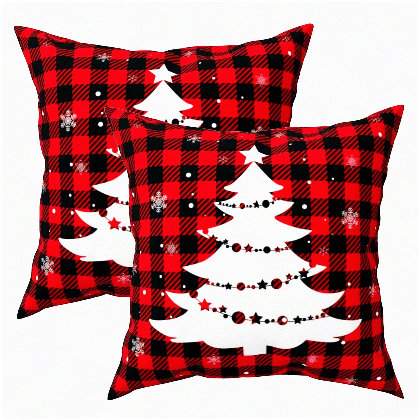 Snowflake Buffalo Plaid Pillow Covers - Set of 2 Winter Tree Cushion Cases for Xmas Farmhouse Decor - Red & Black 18x18 Inch Throw Pillows for Outdoor Sofa & Couch