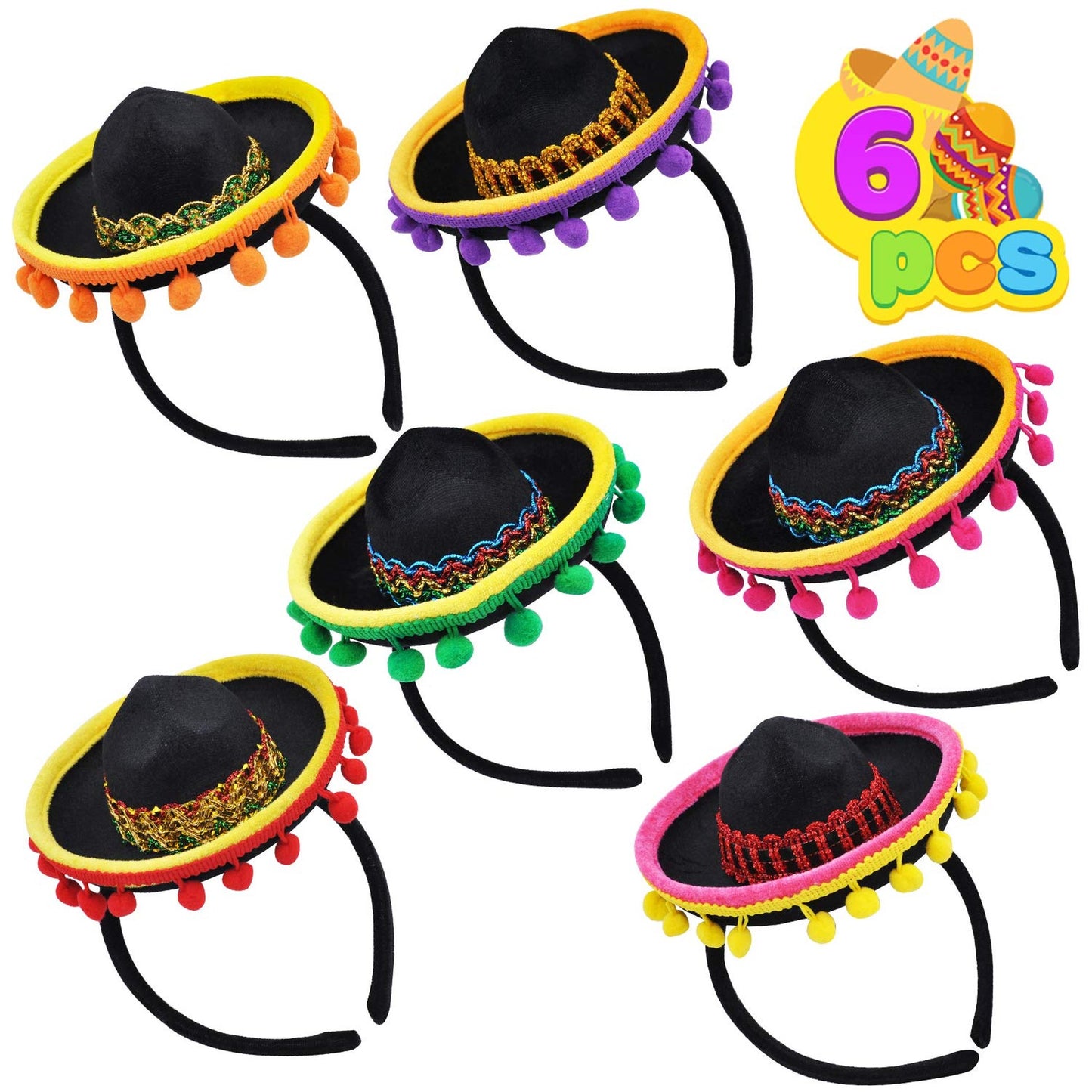 Six Fiesta Fabric Sombrero Headbands for Parties