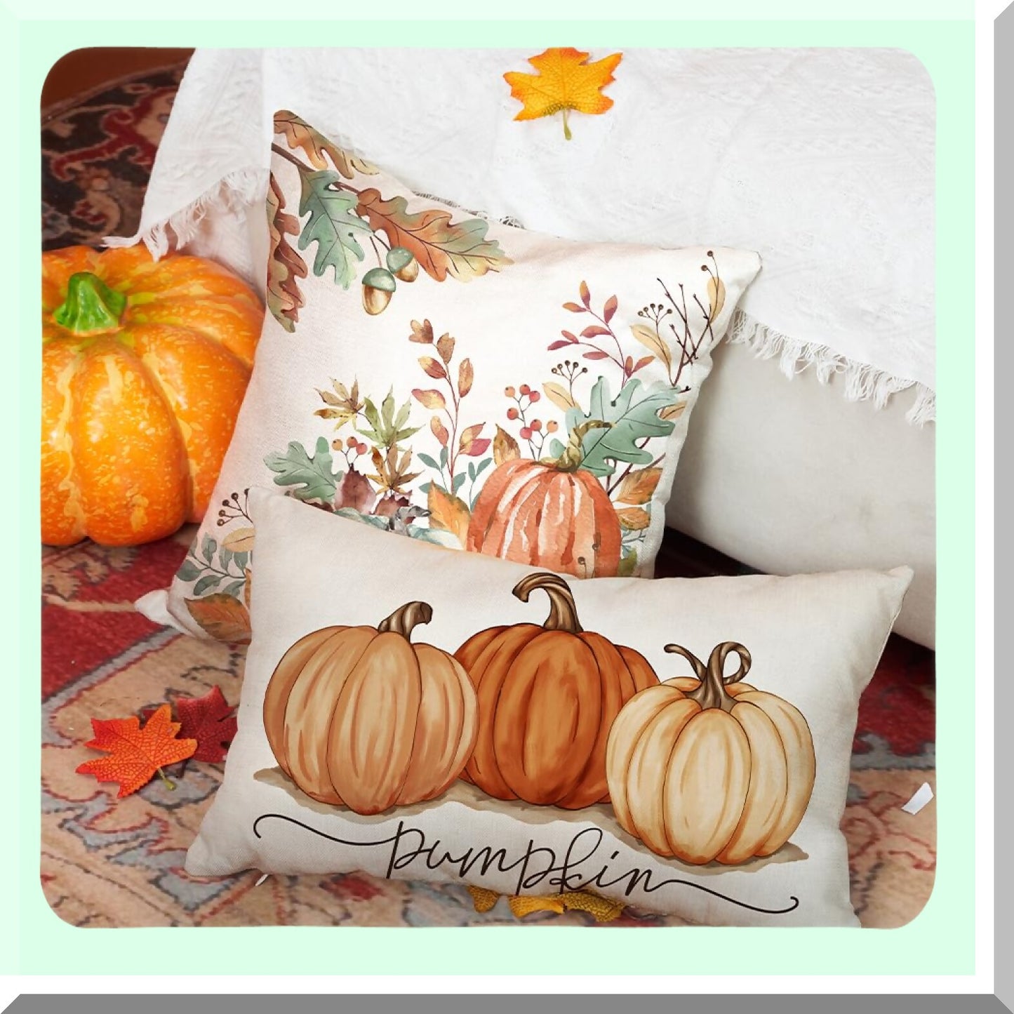 Autumn Harvest Pumpkin Lumbar Pillowcase - Fall Decorative Pillow Cover 12x20 Inch for Home Couch - Thanksgiving Ink Painting Cotton Linen Décor