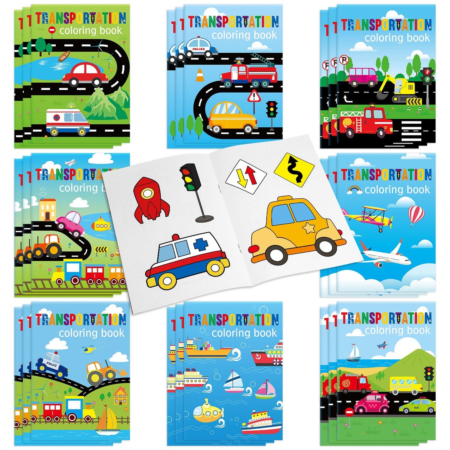 Traffic Fun Coloring Book Set - 24 Pieces DIY Art Drawing Book with Airplanes, Vehicles, and Ships Theme. Perfect Party Favors for Kids Birthday!