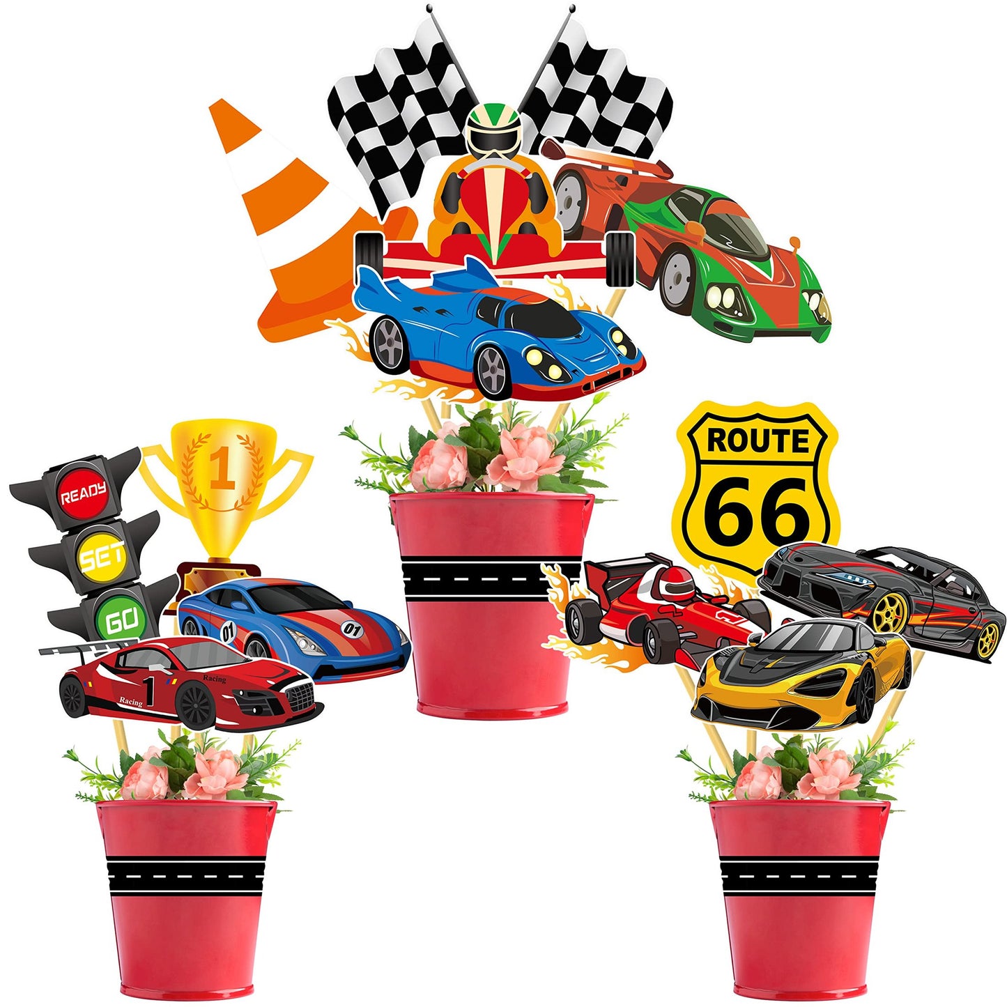 Race Car Party Centerpiece Set - Checkered Table Decorations for Racing Theme Birthday or Baby Shower - 32 Piece Racing Party Supplies Kit