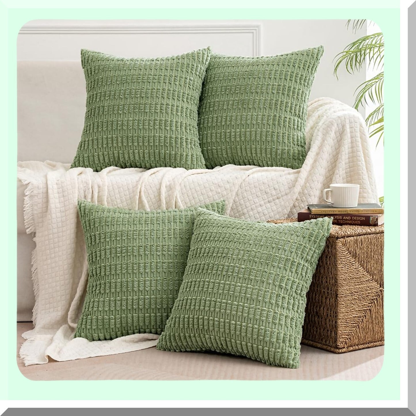 Sage Green Corduroy Boho Stripe Pillow Covers - Set of 4 | 16x16 Inch Soft Decorative Spring Throw Pillow Cases for Modern Farmhouse Home Decor - Sofa, Living Room, Couch, Bed