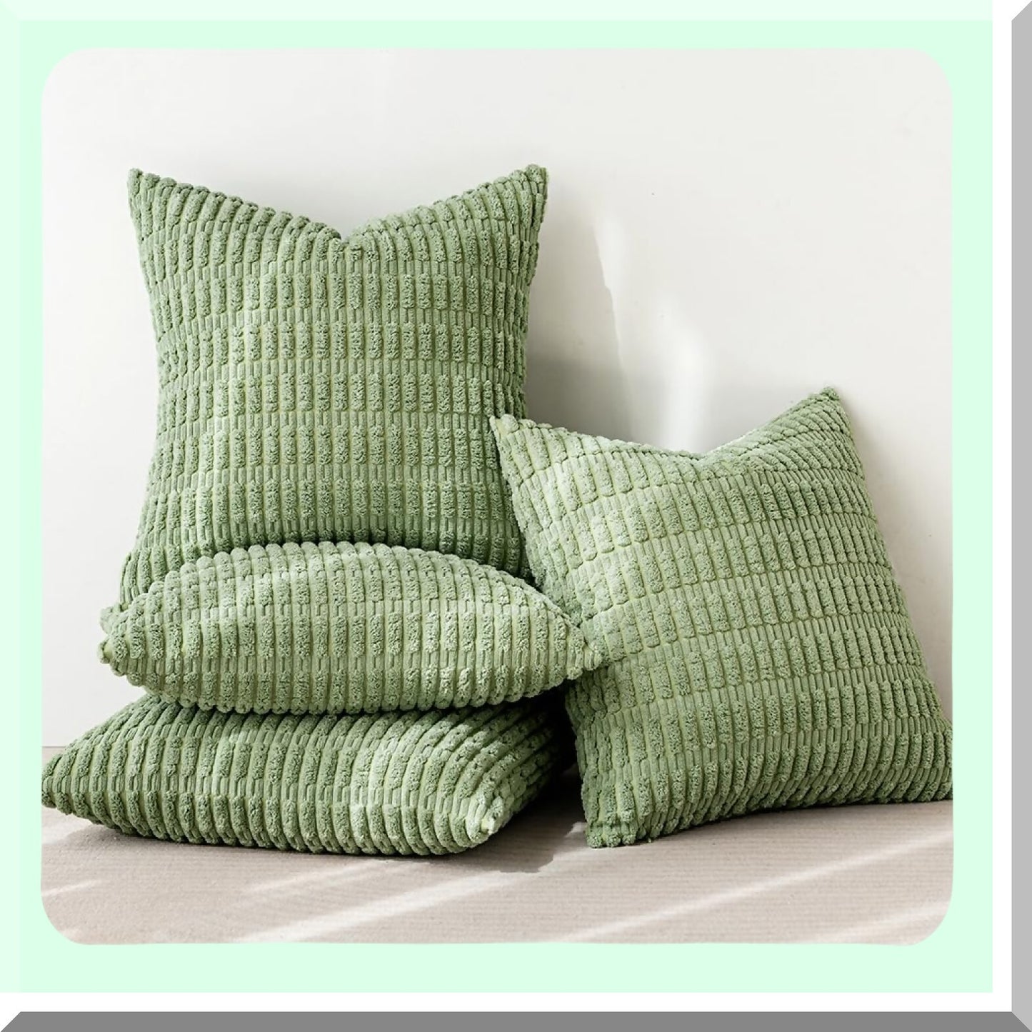 Sage Green Corduroy Boho Stripe Pillow Covers - Set of 4 | 16x16 Inch Soft Decorative Spring Throw Pillow Cases for Modern Farmhouse Home Decor - Sofa, Living Room, Couch, Bed