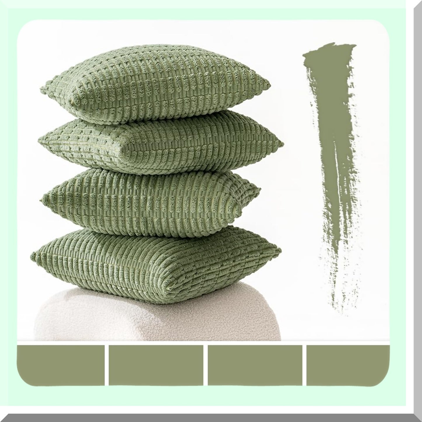 Sage Green Corduroy Boho Stripe Pillow Covers - Set of 4 | 16x16 Inch Soft Decorative Spring Throw Pillow Cases for Modern Farmhouse Home Decor - Sofa, Living Room, Couch, Bed