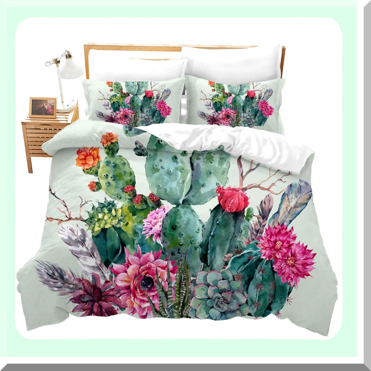 Boho Cactus Garden Duvet Set - Thorny Plants & Feathers Decorative Bedding - 3 Piece Comforter Cover with Pillow Sham - Zipper Closure Green Design