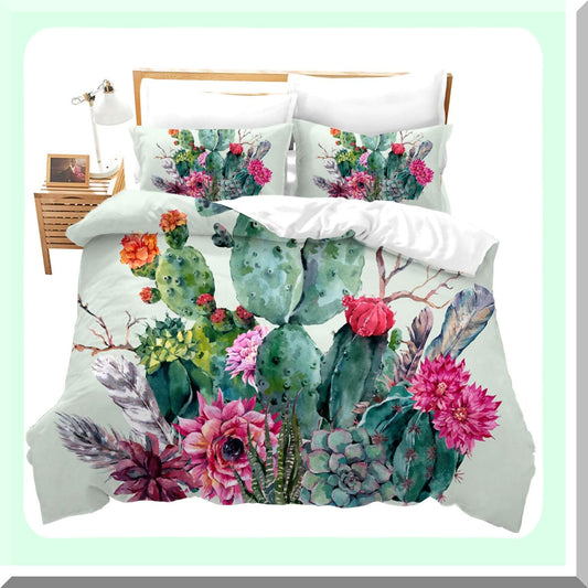 Boho Cactus Garden Duvet Set - Thorny Plants & Feathers Decorative Bedding - 3 Piece Comforter Cover with Pillow Sham - Zipper Closure Green Design