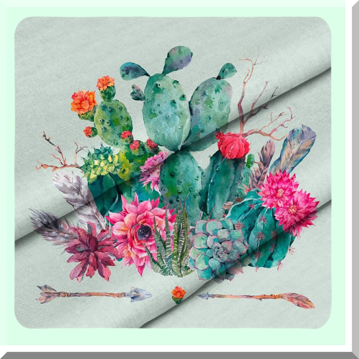 Boho Cactus Garden Duvet Set - Thorny Plants & Feathers Decorative Bedding - 3 Piece Comforter Cover with Pillow Sham - Zipper Closure Green Design