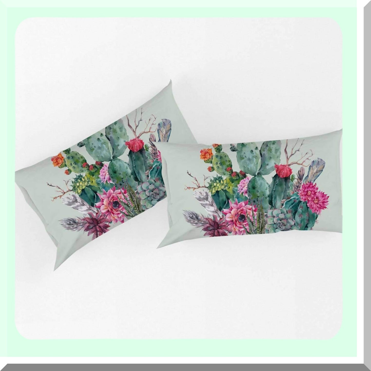 Boho Cactus Garden Duvet Set - Thorny Plants & Feathers Decorative Bedding - 3 Piece Comforter Cover with Pillow Sham - Zipper Closure Green Design