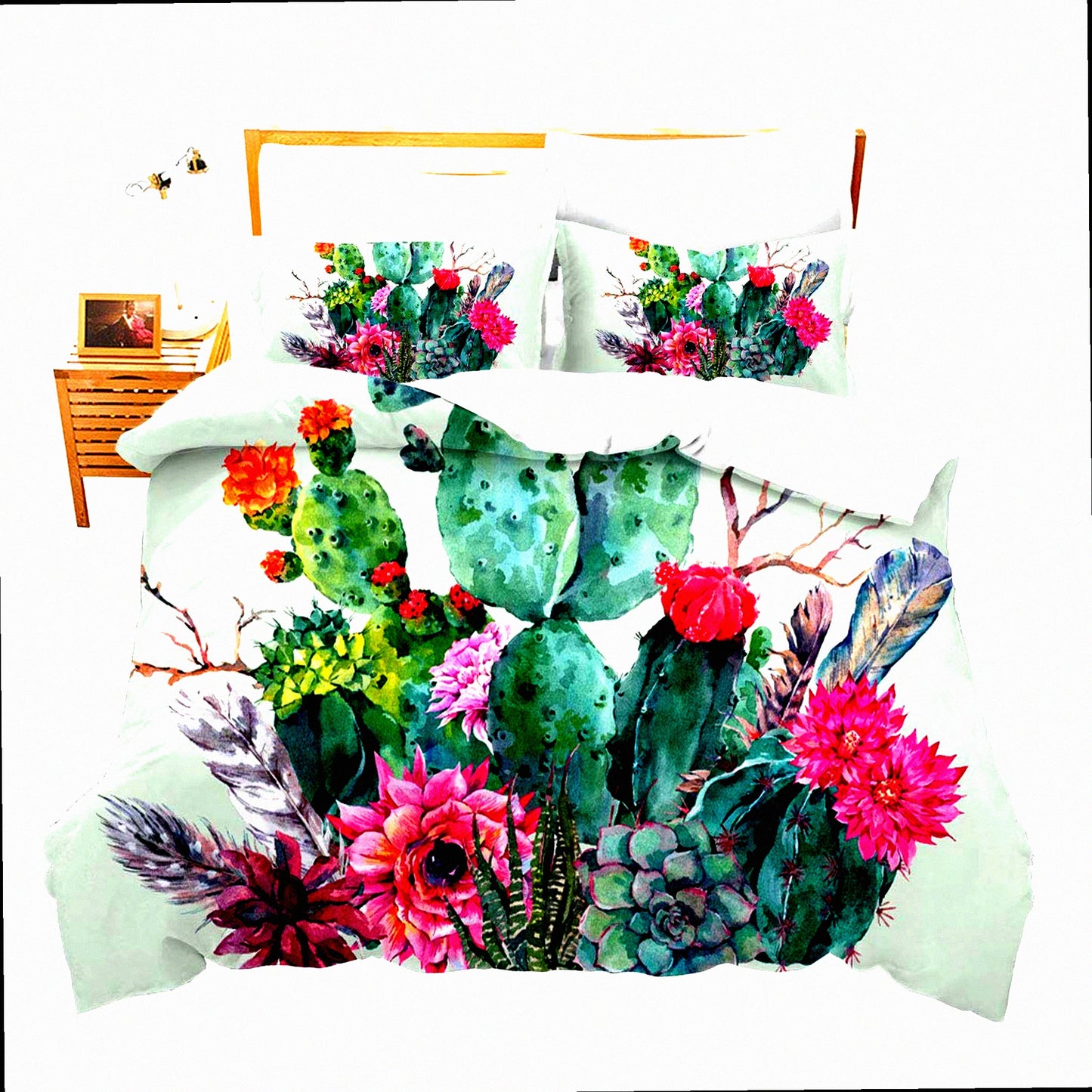 Boho Cactus Garden Duvet Set - Thorny Plants & Feathers Decorative Bedding - 3 Piece Comforter Cover with Pillow Sham - Zipper Closure Green Design