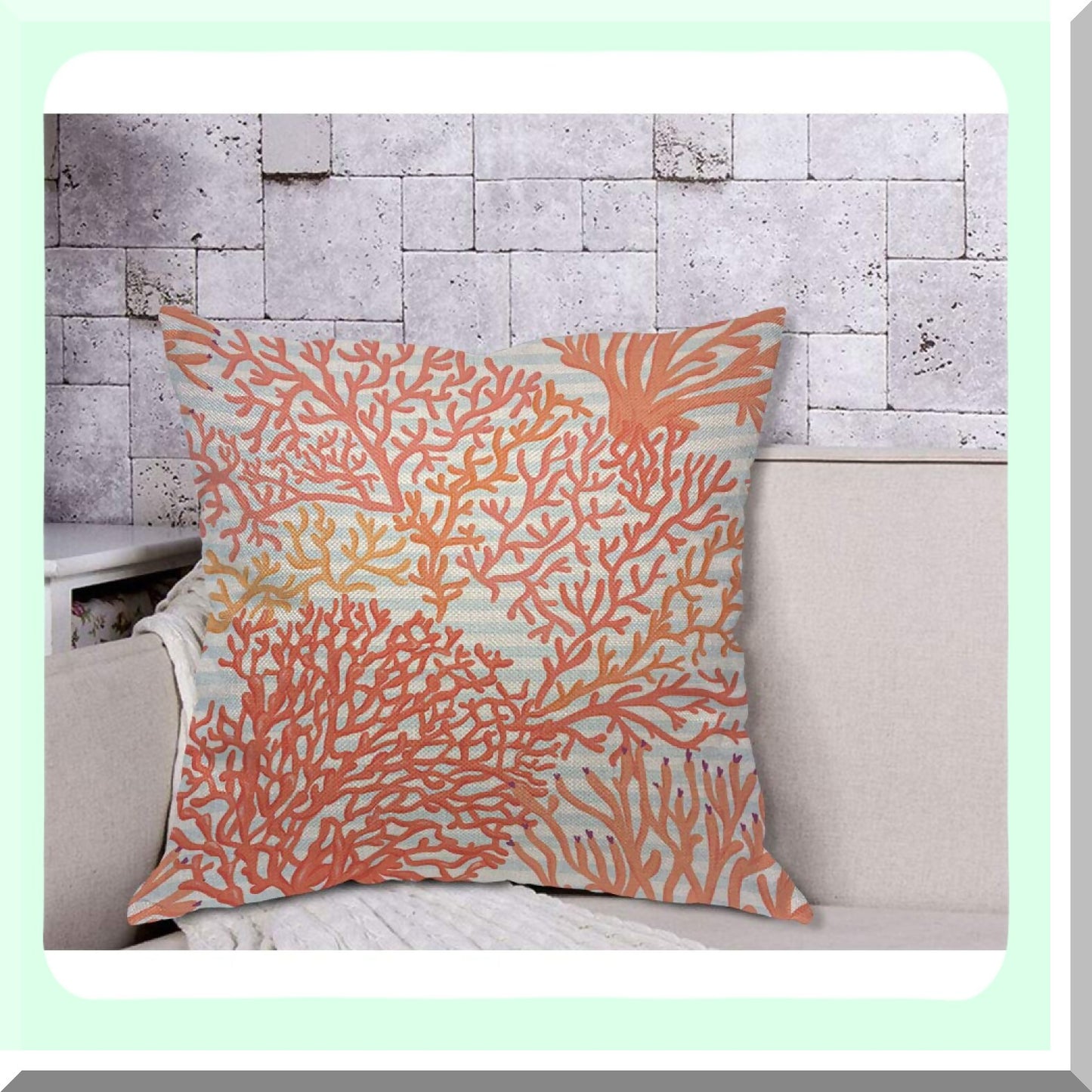 Coral Reef Blue Stripes Pillow Cover - Marine Sea World Nature Decorative Cushion Case 18x18 Inch for Home Couch Bed - Cotton Linen Square