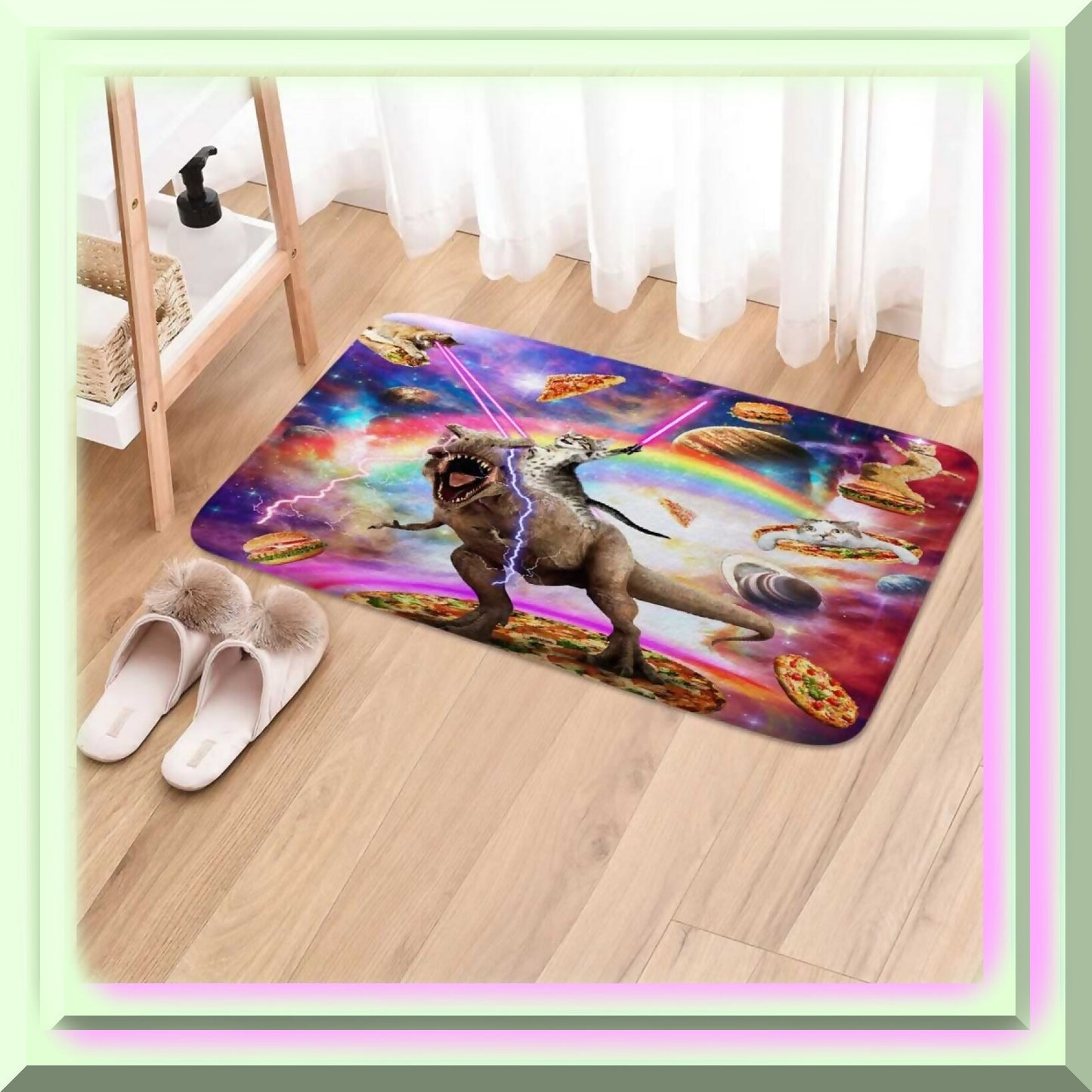 Funny Cat BathMat 17x29in with Dinosaur Galaxy Design