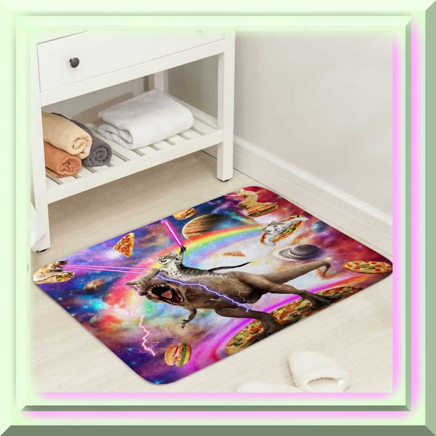Funny Cat BathMat 17x29in with Dinosaur Galaxy Design