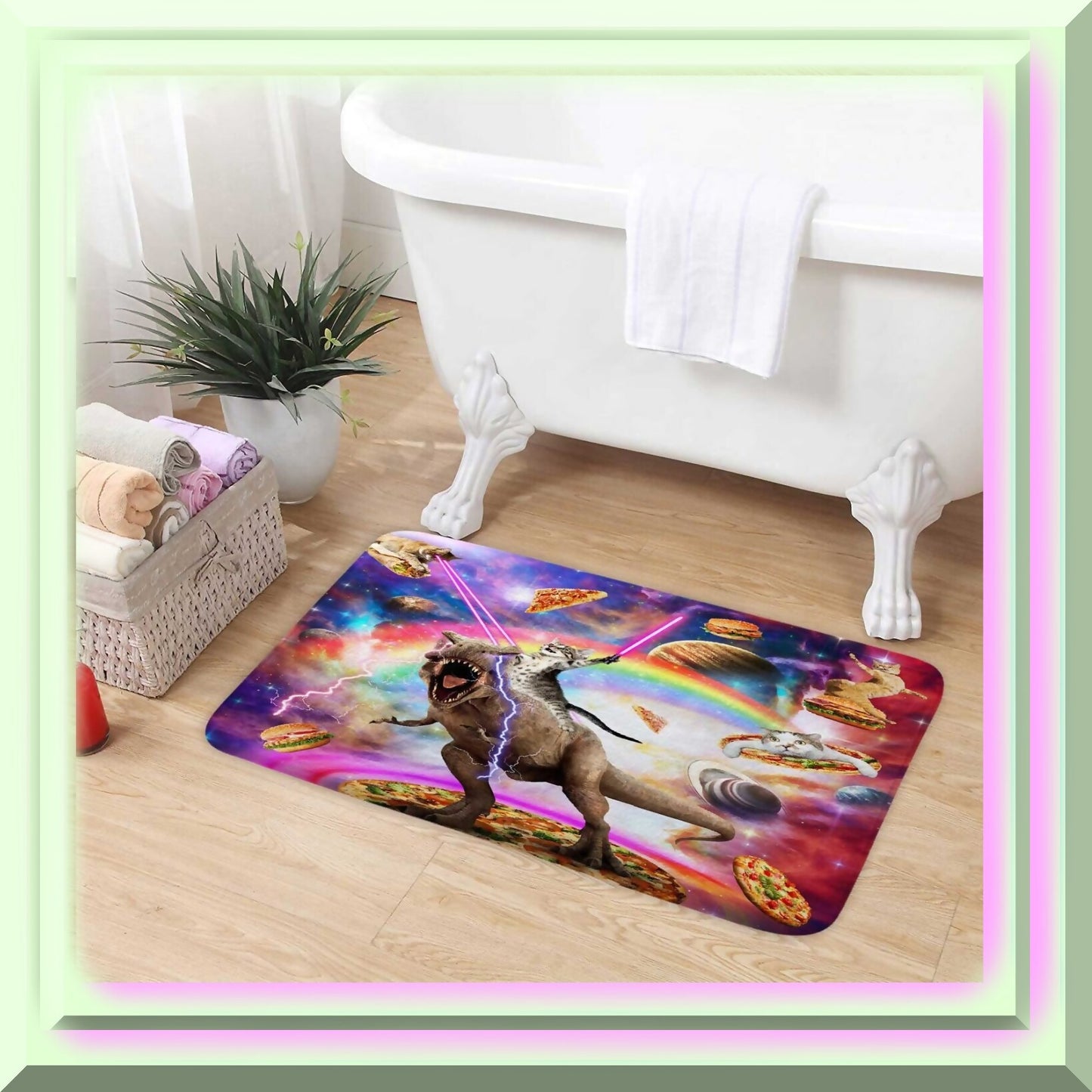 Funny Cat BathMat 17x29in with Dinosaur Galaxy Design