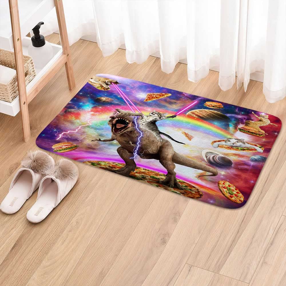 Funny Cat BathMat 17x29in with Dinosaur Galaxy Design